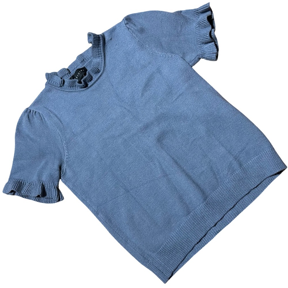 Premise Ruffle Mock Neck Knit Top Sweater Short Sleeve Dusty Blue Size M